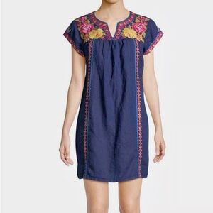 Johnny Was Vella Dress Small Floral Embroidered Navy Blue Linen Shift Mini Boho